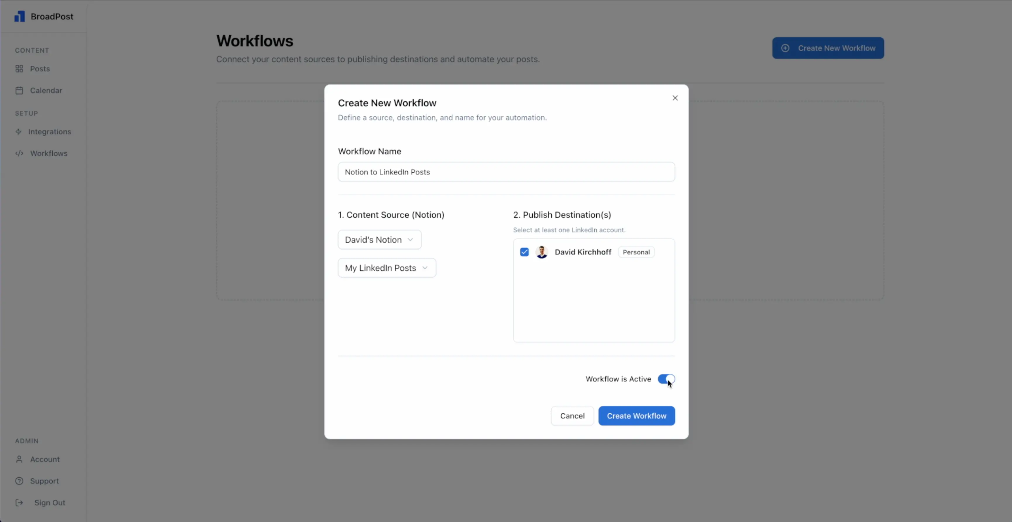 Workflow configuration dialog