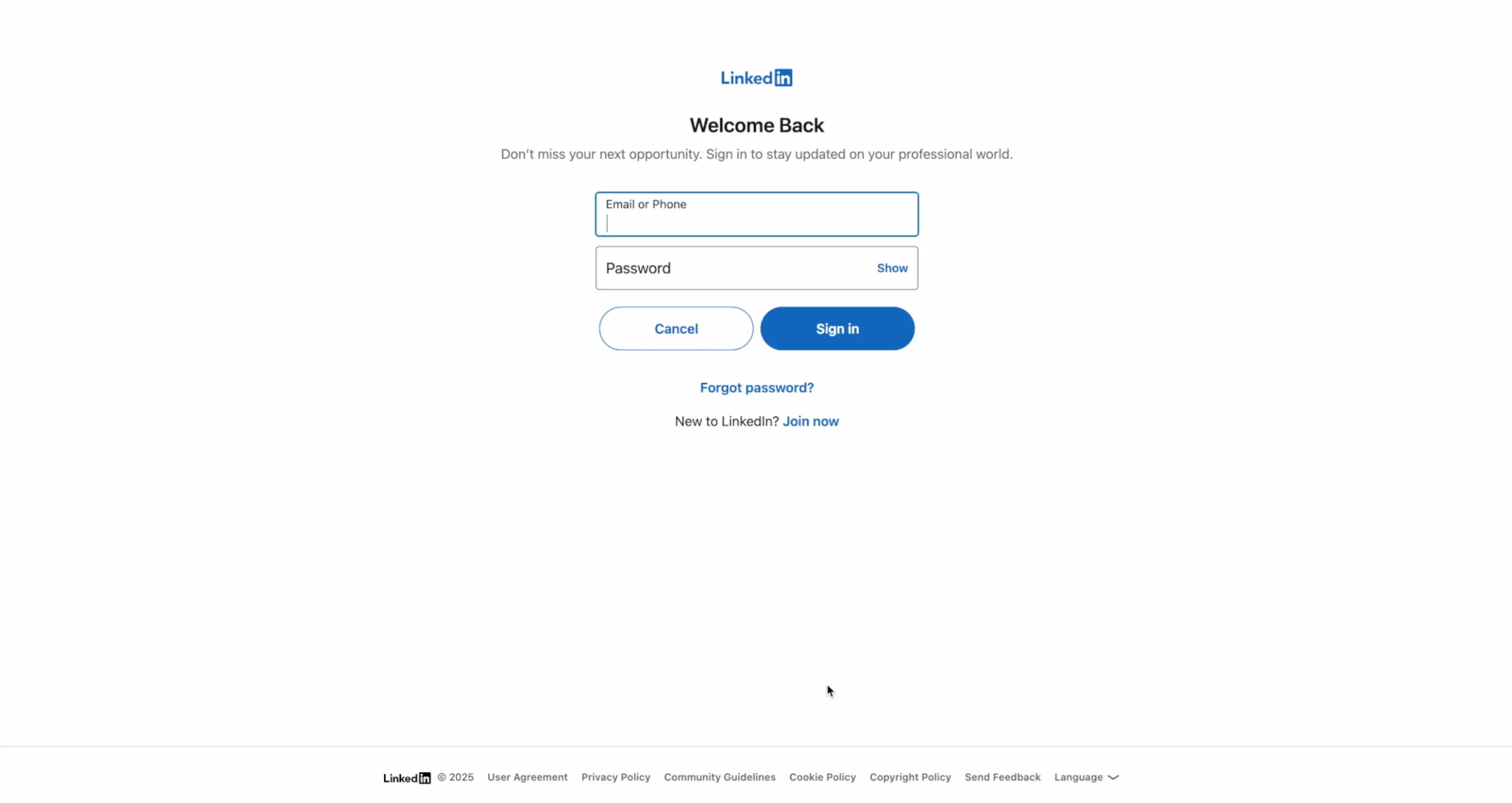 LinkedIn login page after redirection.