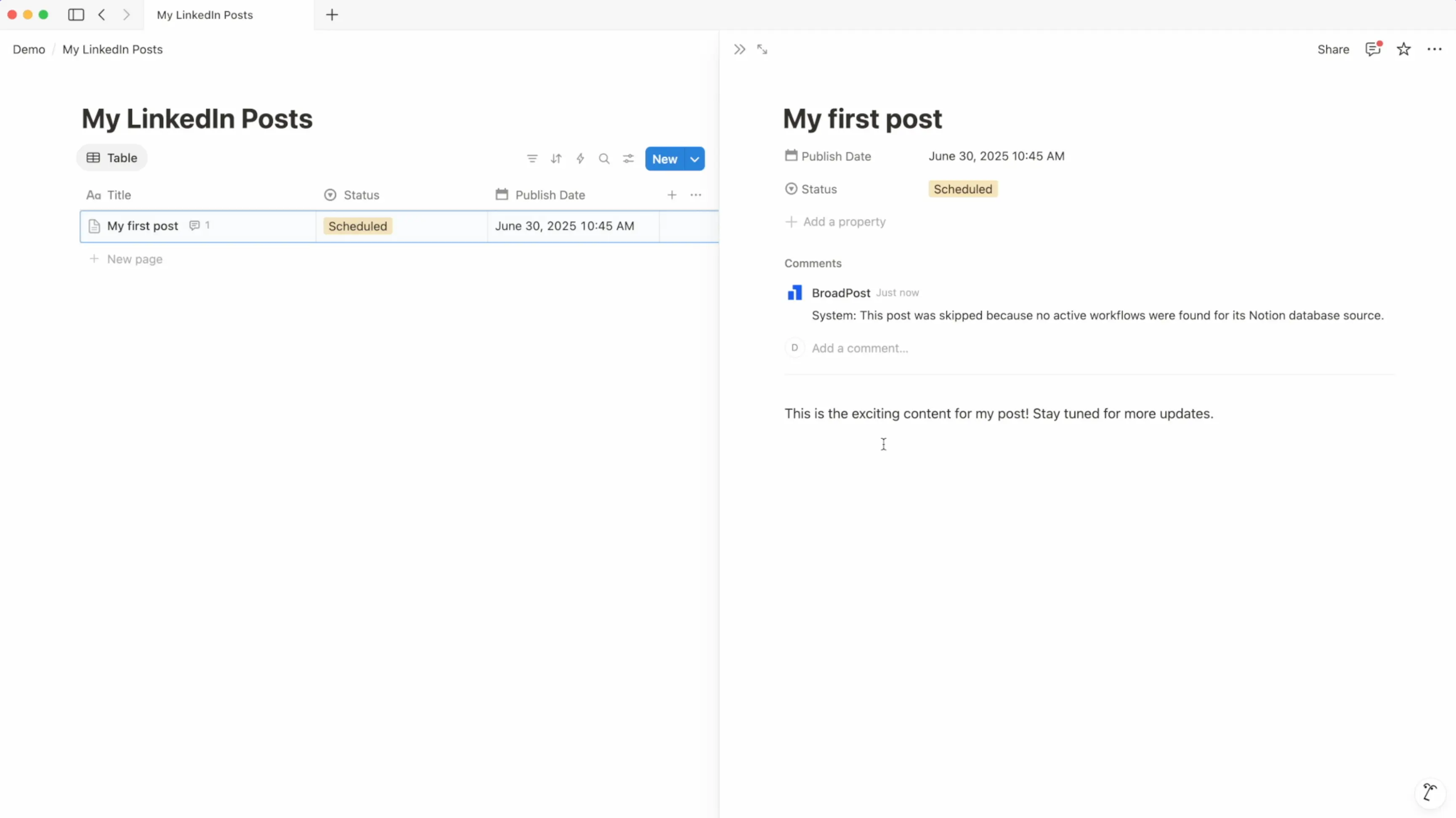 System comment in Notion for skipped posts