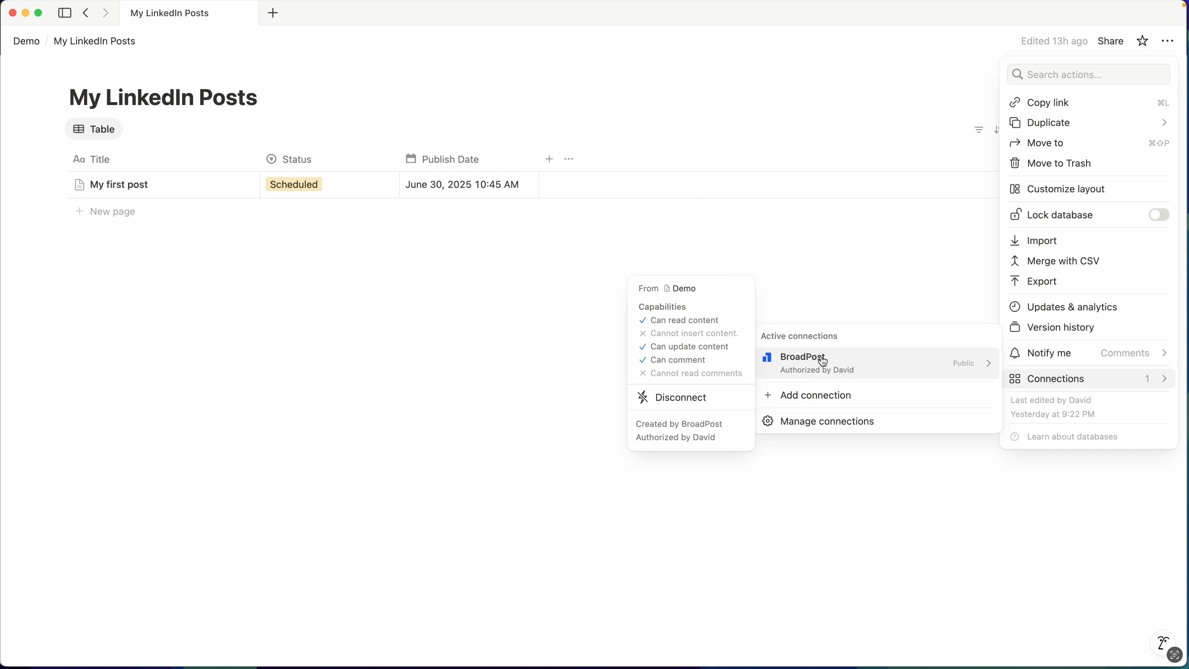 Selecting integration in Notion
